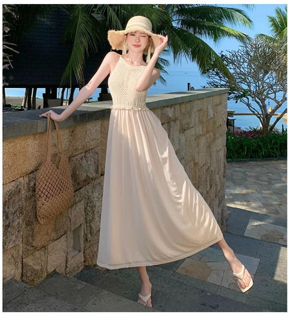 Spaghetti Plain Dress Panel A-Line Maxi Strap Knit