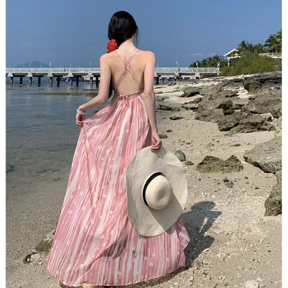 V-Neck Maxi Patterned Spaghetti Dress A-Line Strap