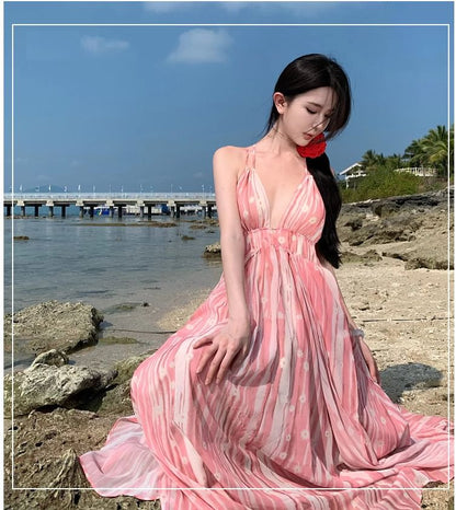 V-Neck Maxi Patterned Spaghetti Dress A-Line Strap