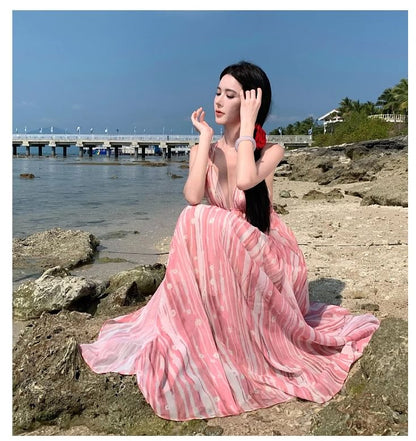 V-Neck Maxi Patterned Spaghetti Dress A-Line Strap