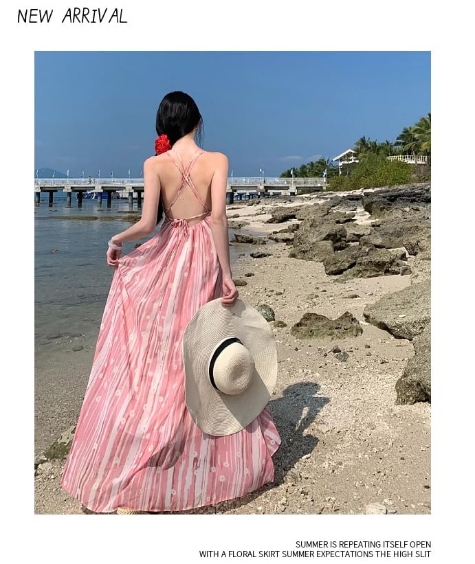 V-Neck Maxi Patterned Spaghetti Dress A-Line Strap