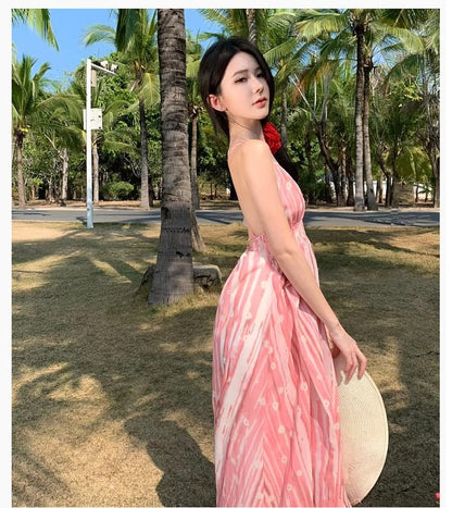 V-Neck Maxi Patterned Spaghetti Dress A-Line Strap