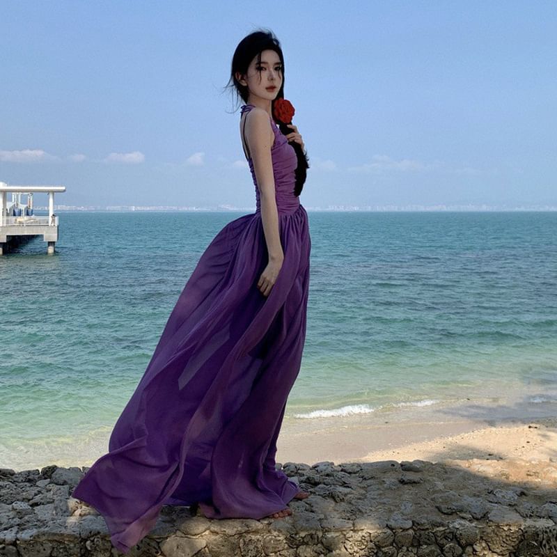 Strap Spaghetti Plain Neck Dress Maxi A-Line Scoop