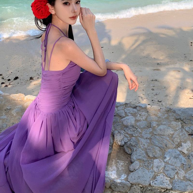 Strap Spaghetti Plain Neck Dress Maxi A-Line Scoop