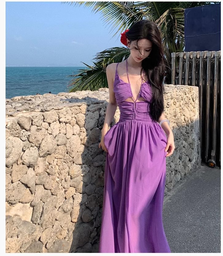 Strap Spaghetti Plain Neck Dress Maxi A-Line Scoop