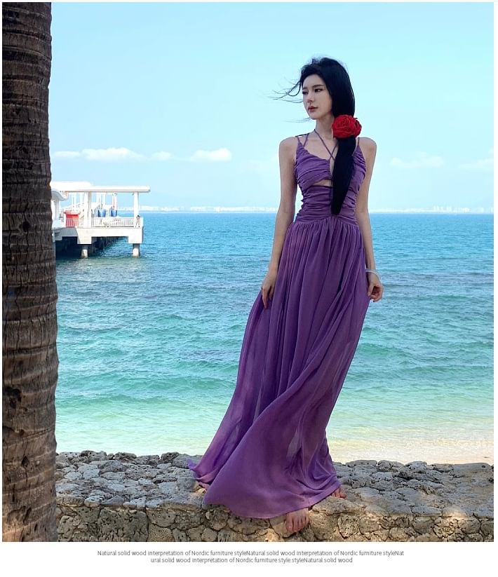 Strap Spaghetti Plain Neck Dress Maxi A-Line Scoop