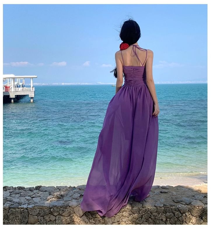 Strap Spaghetti Plain Neck Dress Maxi A-Line Scoop