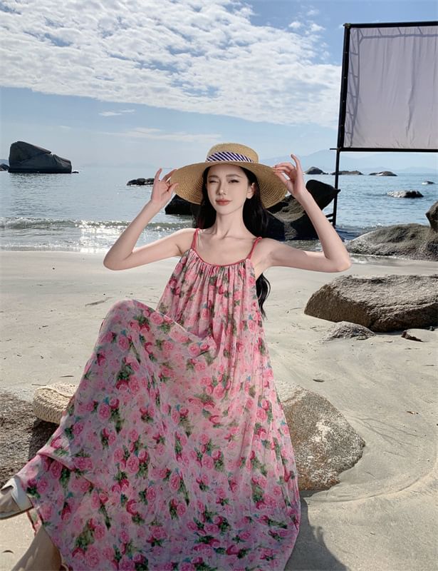 Maxi Strap Floral Dress A-Line Spaghetti Neck Scoop