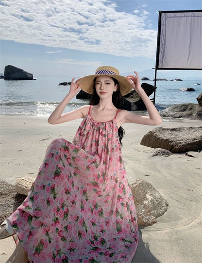 Maxi Strap Floral Dress A-Line Spaghetti Neck Scoop