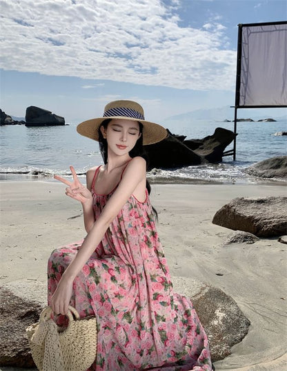 Maxi Strap Floral Dress A-Line Spaghetti Neck Scoop