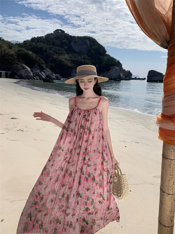 Maxi Strap Floral Dress A-Line Spaghetti Neck Scoop