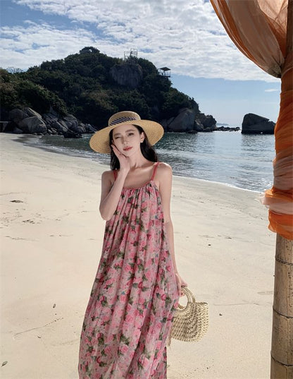 Maxi Strap Floral Dress A-Line Spaghetti Neck Scoop