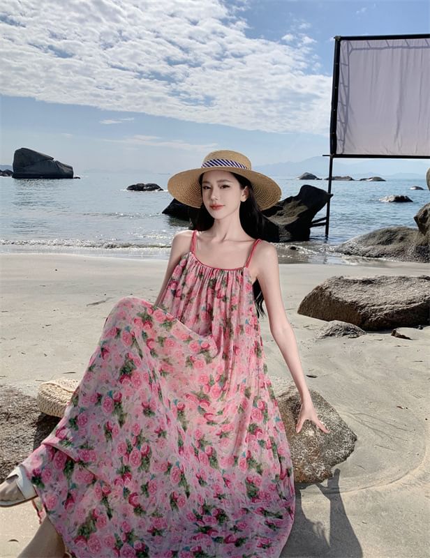 Maxi Strap Floral Dress A-Line Spaghetti Neck Scoop