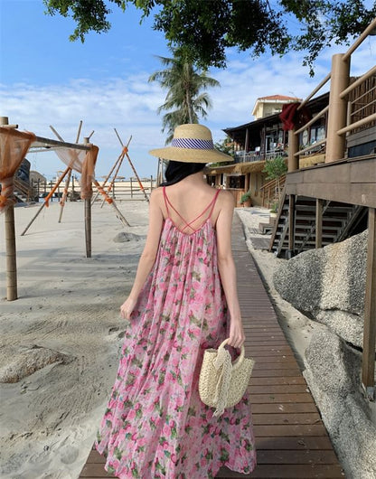 Maxi Strap Floral Dress A-Line Spaghetti Neck Scoop