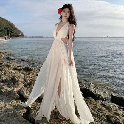 V-Neck Maxi Dress Sleeveless Plain A-Line