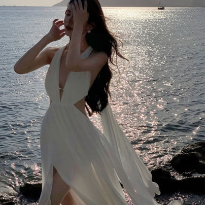 V-Neck Maxi Dress Sleeveless Plain A-Line