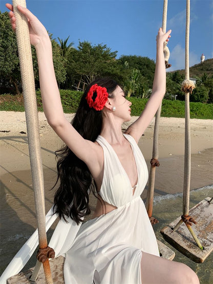 V-Neck Maxi Dress Sleeveless Plain A-Line