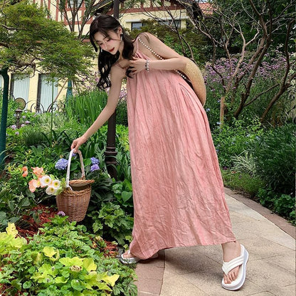 A-Line Spaghetti Strap Plain Dress Maxi