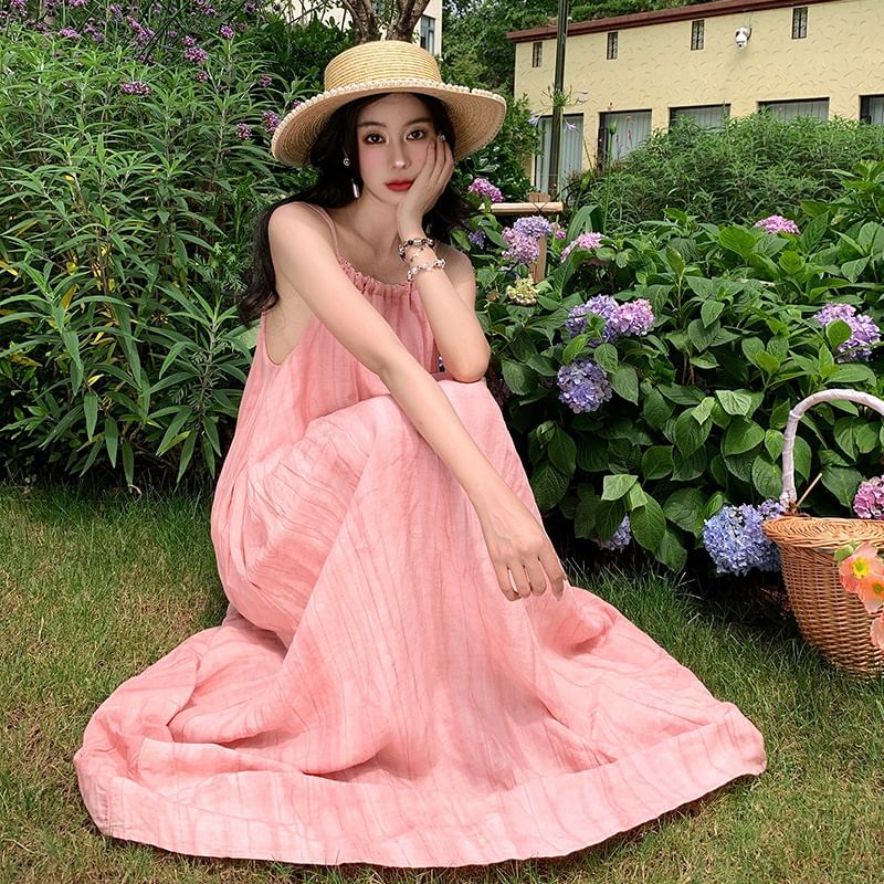 A-Line Spaghetti Strap Plain Dress Maxi