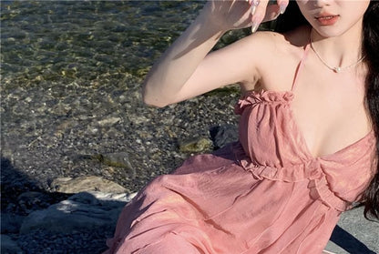 A-Line Maxi Halter Trim Dress Ruffle V-Neck Plain