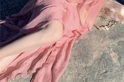 A-Line Maxi Halter Trim Dress Ruffle V-Neck Plain