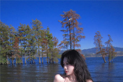 A-Line Maxi Halter Trim Dress Ruffle V-Neck Plain