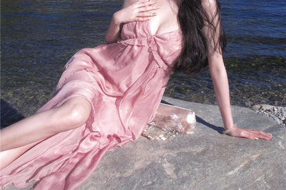 A-Line Maxi Halter Trim Dress Ruffle V-Neck Plain