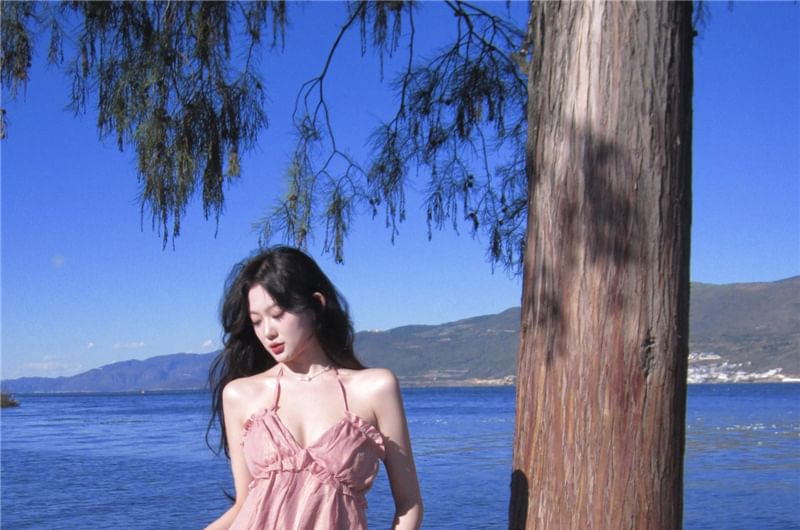 A-Line Maxi Halter Trim Dress Ruffle V-Neck Plain