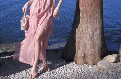 A-Line Maxi Halter Trim Dress Ruffle V-Neck Plain