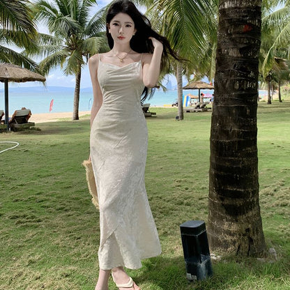Maxi Cowl Strap Plain Mermaid Neck Spaghetti Dress
