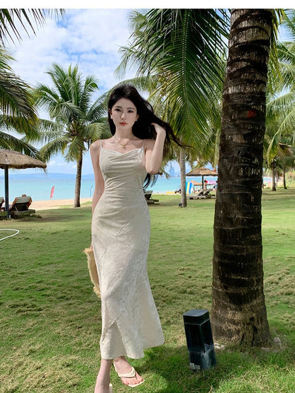 Maxi Cowl Strap Plain Mermaid Neck Spaghetti Dress