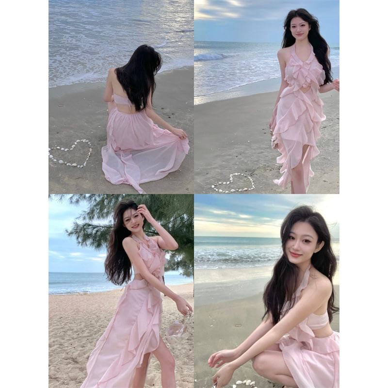 Dress Ruffle Cutout Mini Plain Halter A-Line Neck Trim