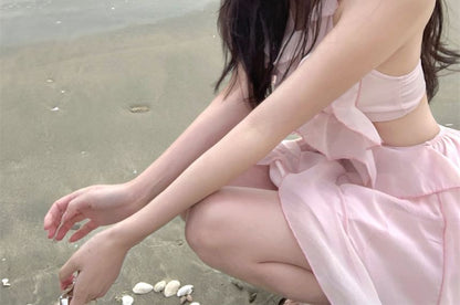 Dress Ruffle Cutout Mini Plain Halter A-Line Neck Trim