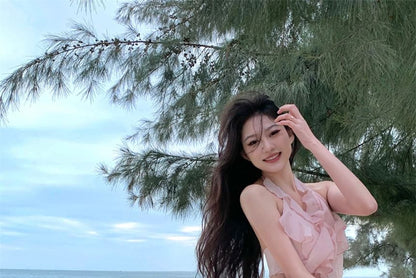 Dress Ruffle Cutout Mini Plain Halter A-Line Neck Trim