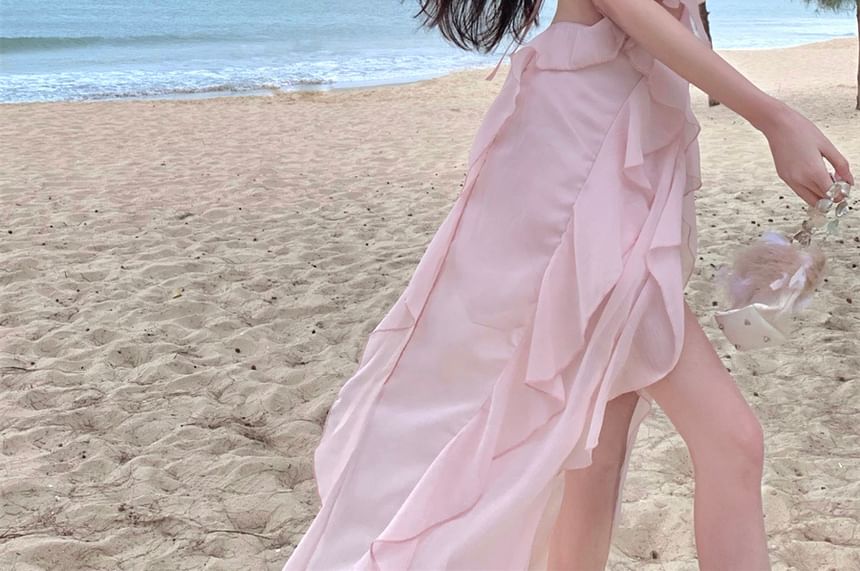 Dress Ruffle Cutout Mini Plain Halter A-Line Neck Trim