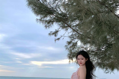 Dress Ruffle Cutout Mini Plain Halter A-Line Neck Trim