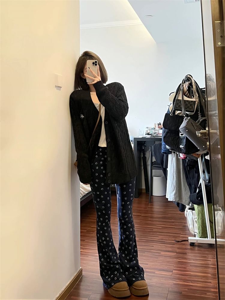 High Waist Smiley Face Print Flared Pants