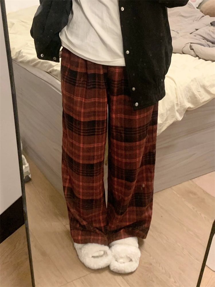 Mid Rise Plaid Wide Leg Pants