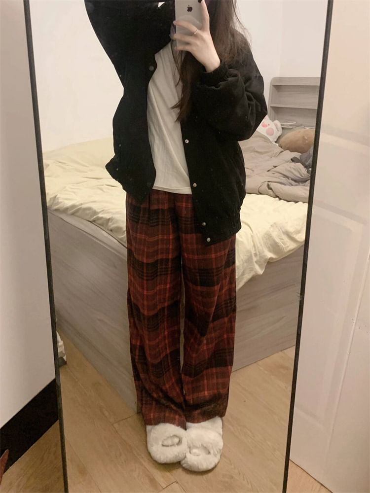 Mid Rise Plaid Wide Leg Pants