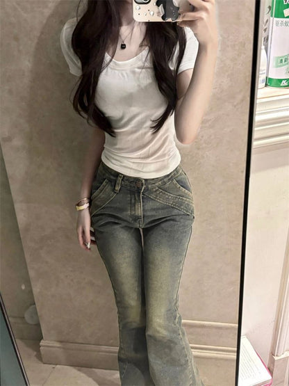 Mid Rise Washed Flared Jeans