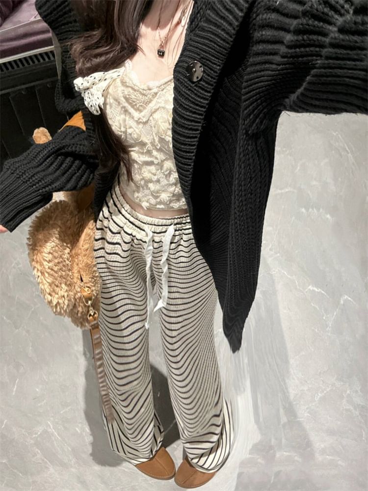 Drawstring Waist Striped Wide Leg Pants