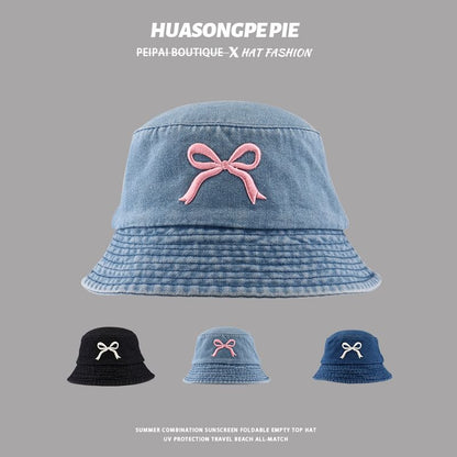 Embroidered Denim Hat Bow Bucket