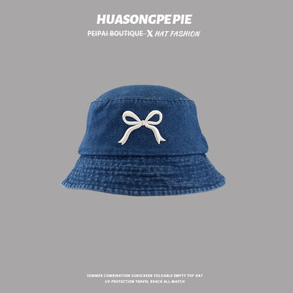 Embroidered Denim Hat Bow Bucket