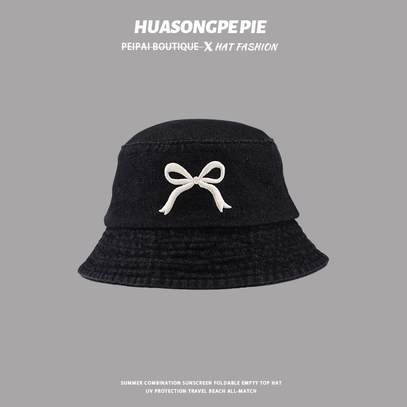 Embroidered Denim Hat Bow Bucket