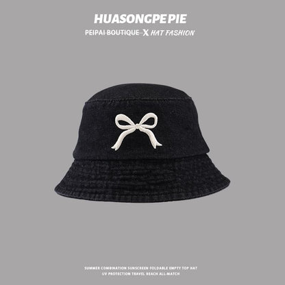 Embroidered Denim Hat Bow Bucket