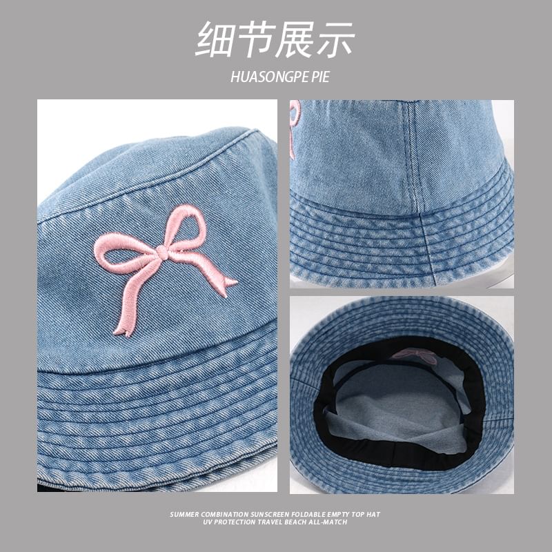 Embroidered Denim Hat Bow Bucket