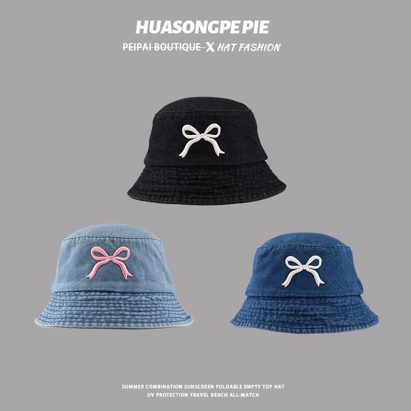 Embroidered Denim Hat Bow Bucket