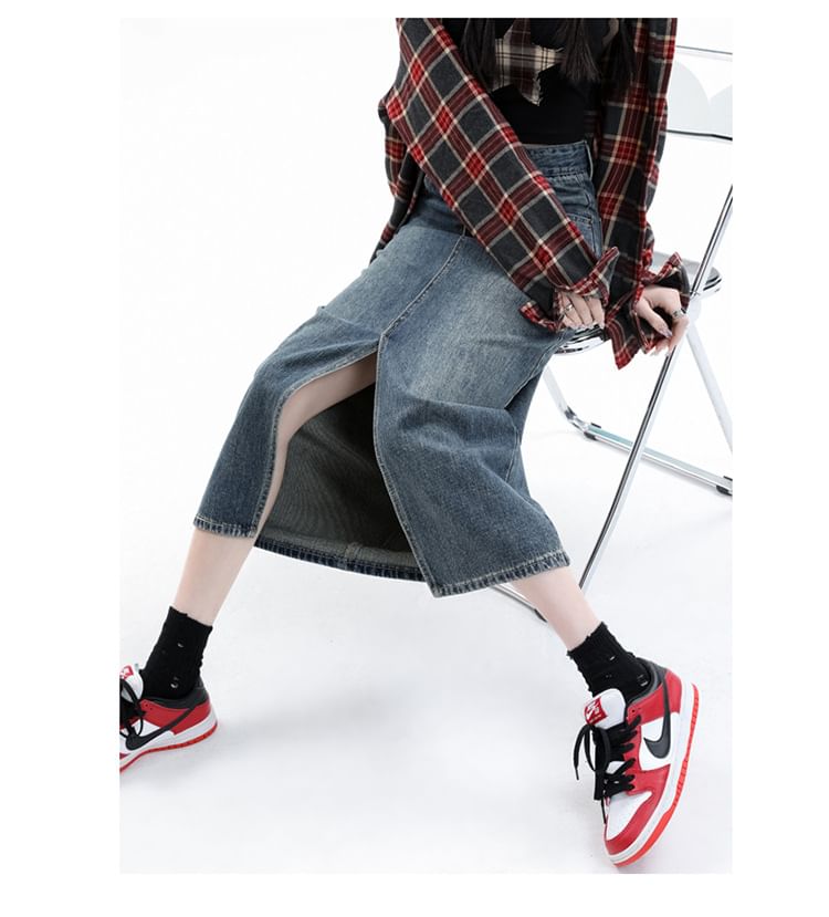 High Pencil Washed Rise Skirt Denim Midi Slit