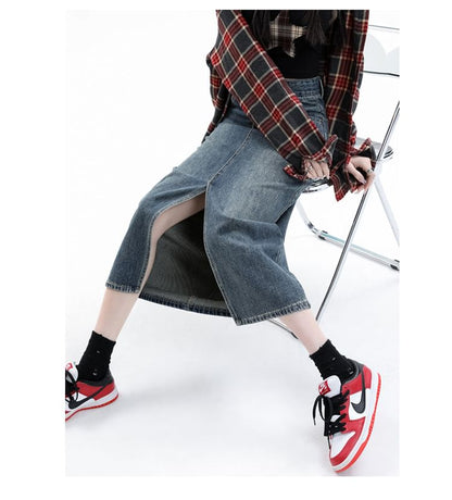 High Pencil Washed Rise Skirt Denim Midi Slit