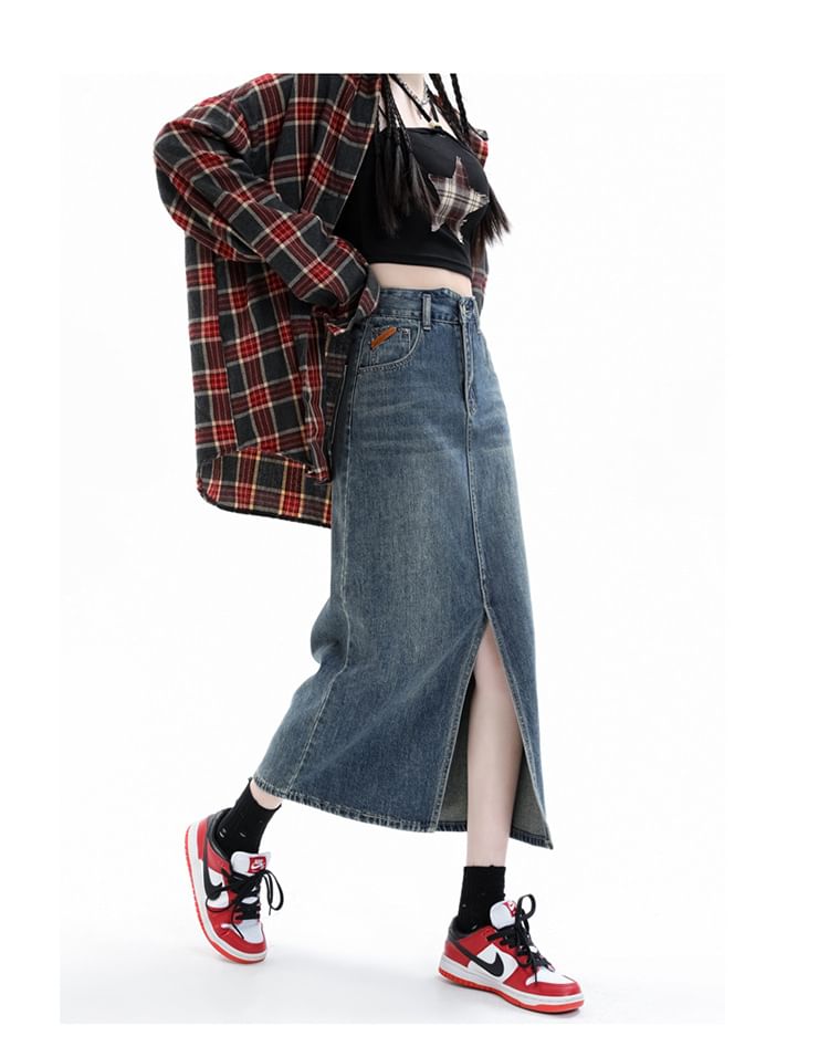 High Pencil Washed Rise Skirt Denim Midi Slit